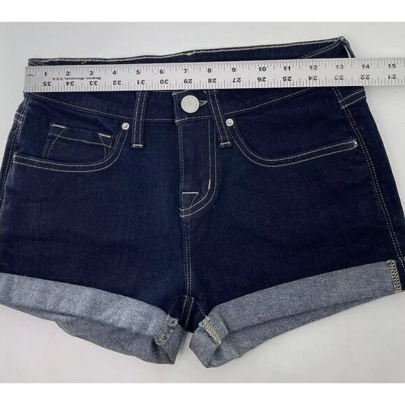 BDG Womens Mid Rise Shortie Shorts Dark‎ Wash Stretch Denim Cuffed Size 24w - Picture 6 of 8
